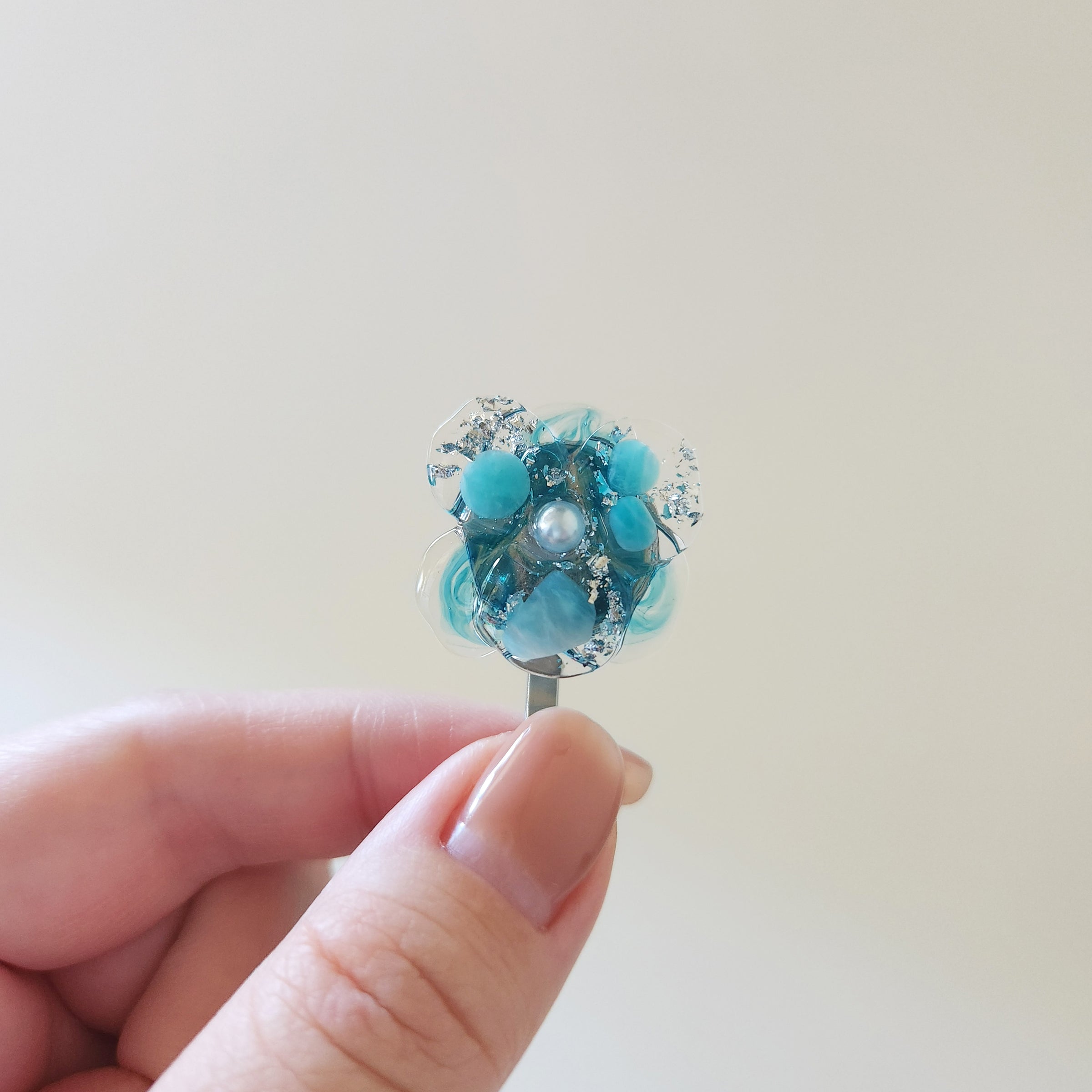 天然石（アマゾナイト）× 花　ポニーフック